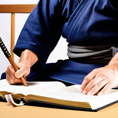 Home 6 A kendo practitioner diligently writing in a training journal, focusing on the details of their stance and movements, with a background showing a dojo and kendo equipment. The scene emphasizes dedication and meticulous self-assessment.