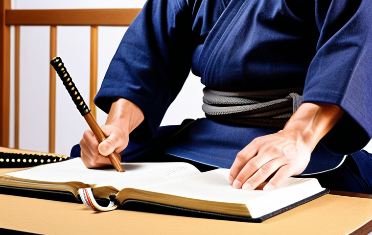 A kendo practitioner diligently writing in a training journal, focusing on the details of their stance and movements, with a background showing a dojo and kendo equipment. The scene emphasizes dedication and meticulous self-assessment.