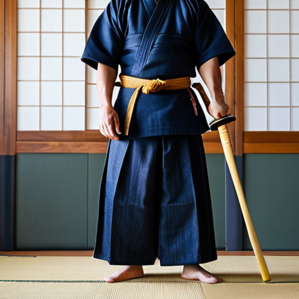 A focused male Kendo practitioner in a full, traditional Kendo uniform (dogi, hakama, bogu), holding a bamboo sword (shinai) in a natural pose, standing in a quiet, warmly lit Kendo dojo. The atmosphere is serene and meditative, emphasizing mental clarity and concentration. The image should convey a sense of calm strength and discipline. fully clothed, modest clothing, appropriate attire, professional dress, perfect anatomy, correct proportions, natural pose, well-formed hands, proper finger count, natural body proportions, safe for work, appropriate content, professional, family-friendly, high quality.