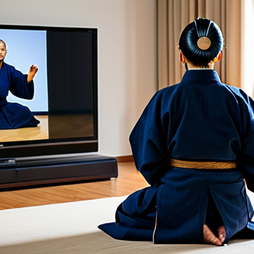 A person, fully clothed in modest loungewear, comfortably seated on a sofa in a modern, well-lit living room. On a large, high-definition television screen, a professional Kendo match is displayed, showing intricate movements of the athletes, detailed Kendo uniforms, and the dynamic energy of the sport. The room is tidy and inviting, with a subtle glow from the screen, emphasizing a cozy and immersive viewing experience. Appropriate content, safe for work, fully clothed, modest, perfect anatomy, correct proportions, natural pose, well-formed hands, proper finger count, natural body proportions, professional photography, high quality.