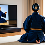 A person, fully clothed in modest loungewear, comfortably seated on a sofa in a modern, well-lit living room. On a large, high-definition television screen, a professional Kendo match is displayed, showing intricate movements of the athletes, detailed Kendo uniforms, and the dynamic energy of the sport. The room is tidy and inviting, with a subtle glow from the screen, emphasizing a cozy and immersive viewing experience. Appropriate content, safe for work, fully clothed, modest, perfect anatomy, correct proportions, natural pose, well-formed hands, proper finger count, natural body proportions, professional photography, high quality.