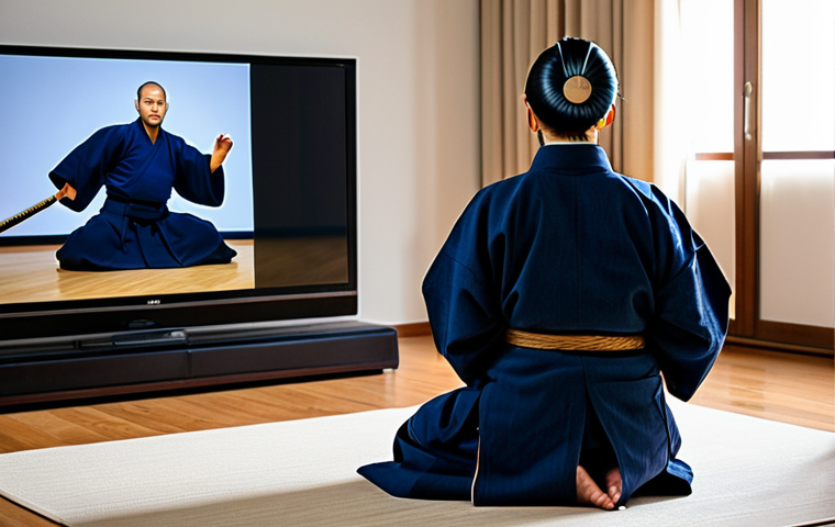 A person, fully clothed in modest loungewear, comfortably seated on a sofa in a modern, well-lit living room. On a large, high-definition television screen, a professional Kendo match is displayed, showing intricate movements of the athletes, detailed Kendo uniforms, and the dynamic energy of the sport. The room is tidy and inviting, with a subtle glow from the screen, emphasizing a cozy and immersive viewing experience. Appropriate content, safe for work, fully clothed, modest, perfect anatomy, correct proportions, natural pose, well-formed hands, proper finger count, natural body proportions, professional photography, high quality.