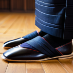 A close-up shot of an adult Kendo practitioner's lower legs and feet, wearing meticulously crafted, dark-colored Kendo shoes on a polished, traditional wooden dojo floor. The hakama is neatly worn, covering the lower legs, demonstrating appropriate attire. The Kendo shoes showcase intricate stitching and a practical sole pattern, emphasizing a perfect, comfortable fit that supports agile movement. The lighting is soft and diffused, highlighting the textures of the wood and the shoe materials. The background is subtly blurred to maintain focus on the footwear. Professional photography, high detail, studio lighting, sharp focus, perfect anatomy, correct proportions, natural pose, well-formed hands, proper finger count, natural body proportions, high quality, safe for work, appropriate content, fully clothed, professional.