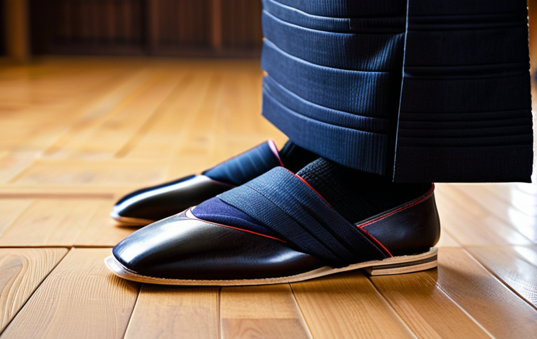 A close-up shot of an adult Kendo practitioner's lower legs and feet, wearing meticulously crafted, dark-colored Kendo shoes on a polished, traditional wooden dojo floor. The hakama is neatly worn, covering the lower legs, demonstrating appropriate attire. The Kendo shoes showcase intricate stitching and a practical sole pattern, emphasizing a perfect, comfortable fit that supports agile movement. The lighting is soft and diffused, highlighting the textures of the wood and the shoe materials. The background is subtly blurred to maintain focus on the footwear. Professional photography, high detail, studio lighting, sharp focus, perfect anatomy, correct proportions, natural pose, well-formed hands, proper finger count, natural body proportions, high quality, safe for work, appropriate content, fully clothed, professional.